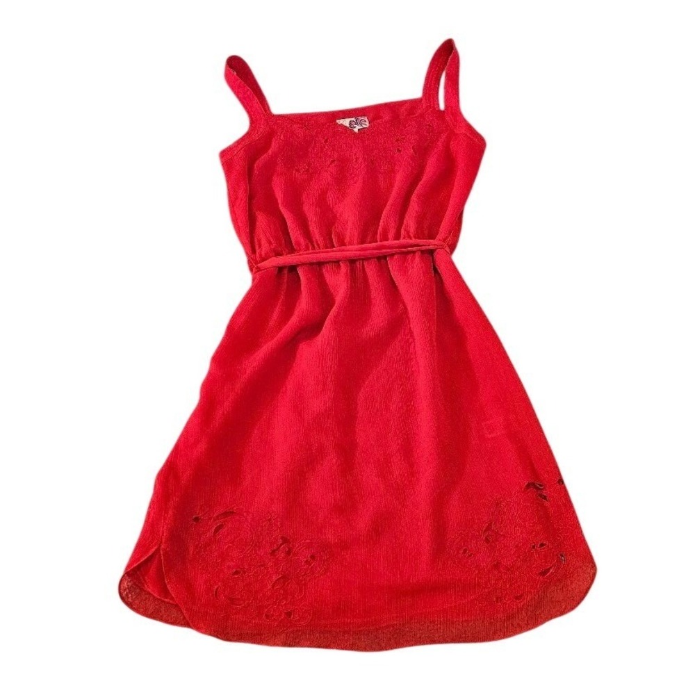 Forever 21 Red Embroidered Eyelet Sleeveless Dress Small Square Neck Crepe